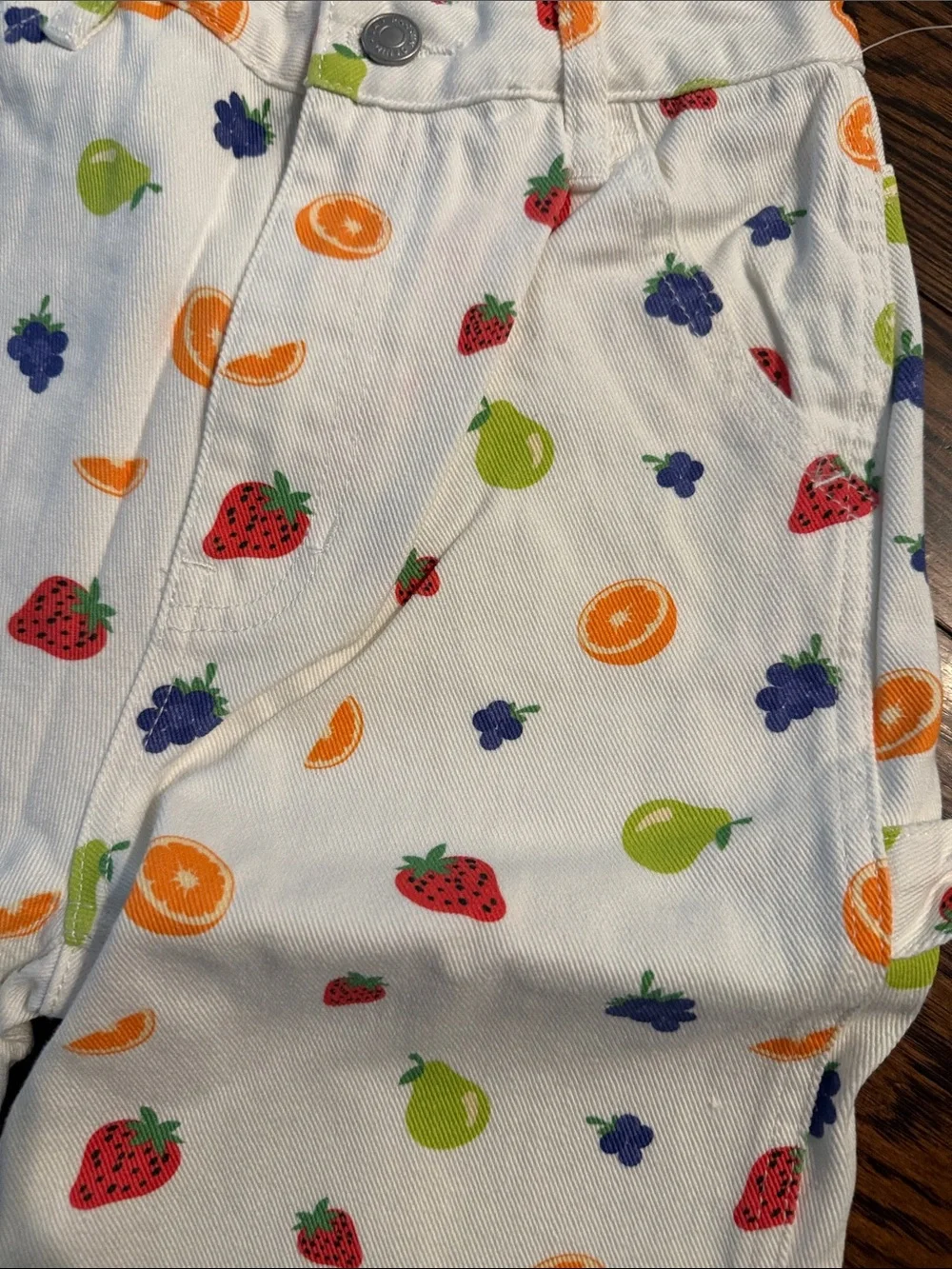 Kids White Fruit-Print  denim Bottoms with Multicolor Fruit